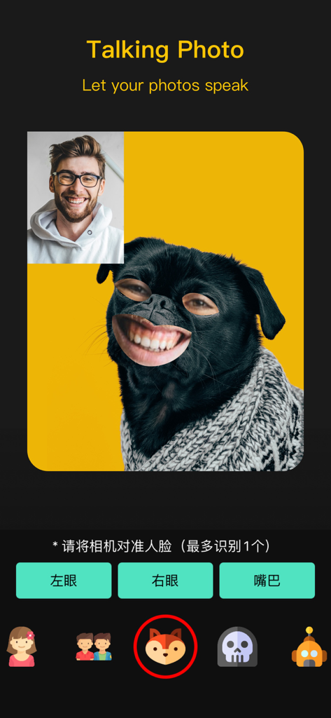 Voice Changer Recorder - Interface do recurso Foto Falante mostrando os olhos e a boca de uma pessoa rastreados no rosto de um cachorro pug para animação