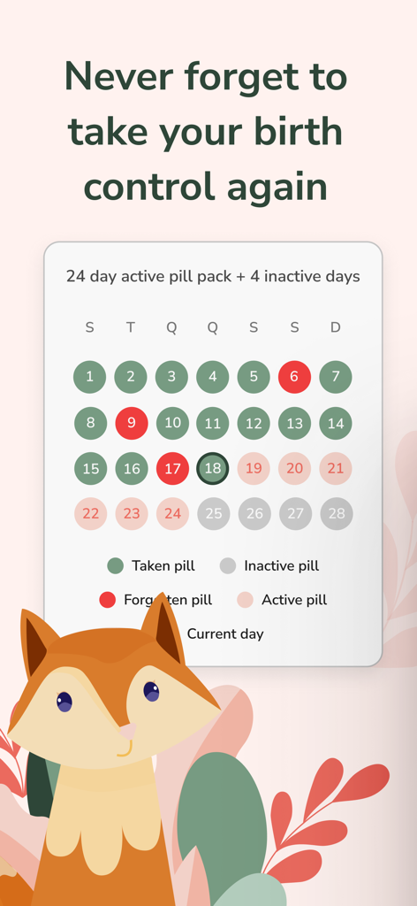 Pill Time : Birth Control - Um calendário digital de pílulas anticoncepcionais mostrando pílulas tomadas, esquecidas, ativas e inativas com um mascote de raposa fofo.