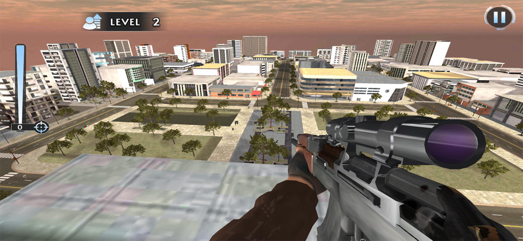 Sniper Shooter Soldier Strike - First person perspective of a sniper rifle overlooking a city from a rooftop