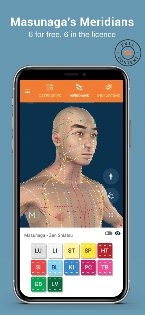 Écran de l'application Tsubook affichant les méridiens de Masunaga sur un modèle de corps humain en 3D