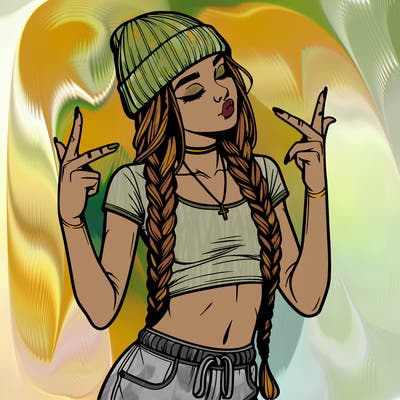 realistic teenage girl with braids and a beanie and crop top doing 🫶🏼