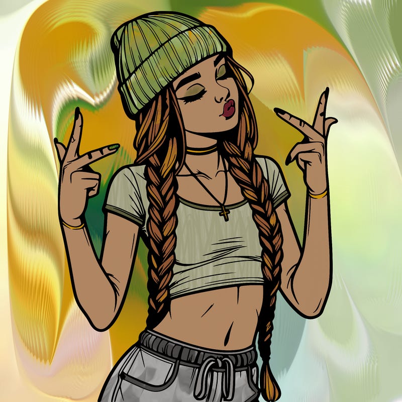 realistic teenage girl with braids and a beanie and crop top doing 🫶🏼