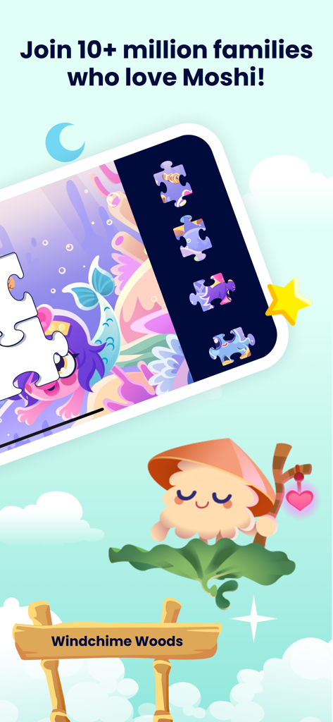 Moshi Kids: Sleep, Relax, Play - Capture d'écran de l'application Moshi Kids montrant un puzzle de sirène et un personnage mignon dans le bois de carillons éoliens.
