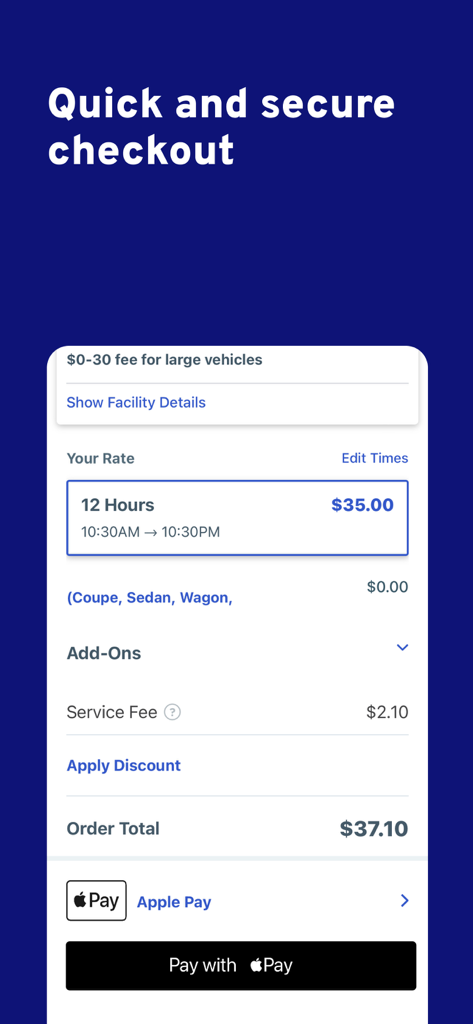 ParkWhiz - #1 Parking App - ParkWhiz mobile app checkout screen showing total price and Apple Pay payment button.