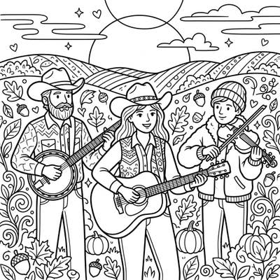 Get ready to tap your toes with this delightful coloring page featuring country musicians serenading an autumn landscape. Grab your favorite colors and bring this festive fall scene to life with banjo, guitar, and fiddle tunes!
