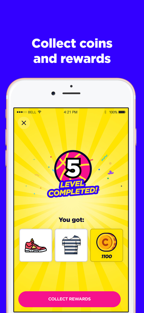 Level Up - Basketball Training - Écran de l'application d'entraînement de basketball Level Up montrant des récompenses comme des pièces et des baskets après avoir terminé le cinquième niveau