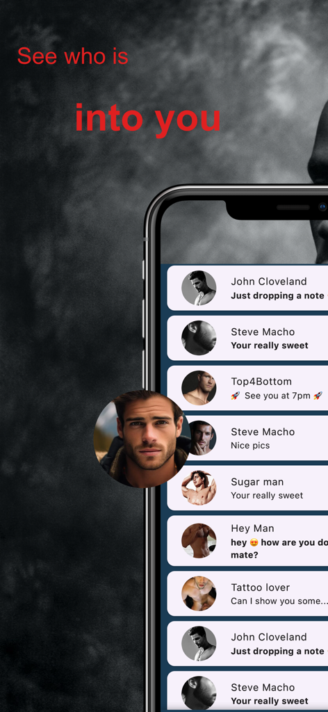 WE Gay Chat App-Bildschirm zeigt eine Liste von Profilnachrichten und den Text Sieh, wer dich mag
