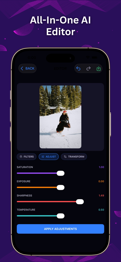 AI Photo Video Editor - Interfaz de AI Photo Video Editor mostrando controles deslizantes de ajuste para saturación y exposición en un iPhone