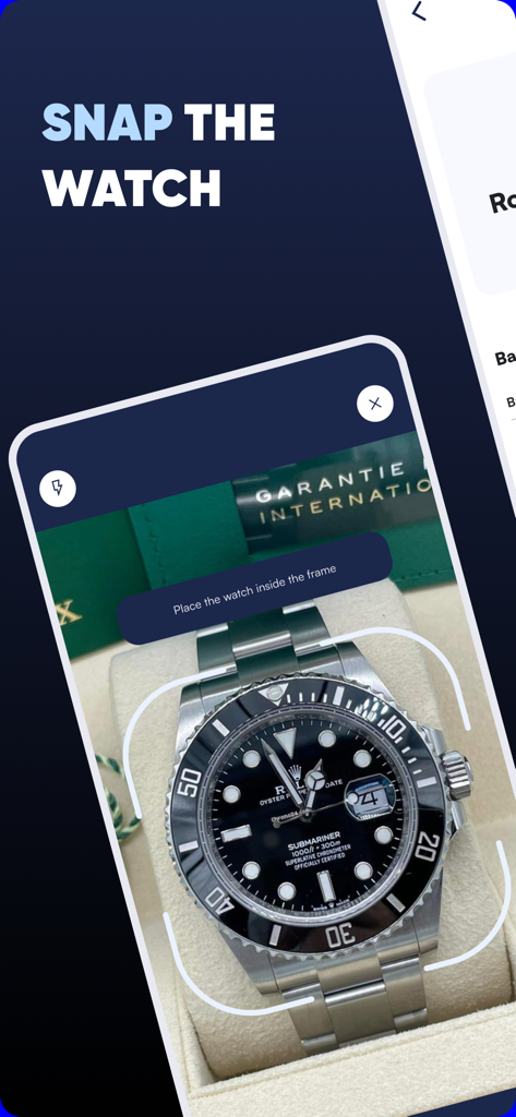 WatchIQ - AI Watch Identifier - WatchIQ app camera interface scanning a Rolex Submariner for AI identification