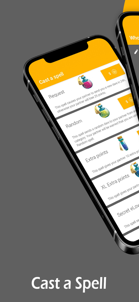 Desire - Couples Game - Desire app interface showing the Cast a Spell feature with various relationship challenges and potion icons
