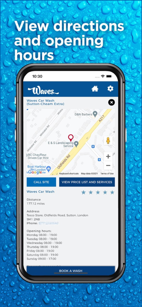 Waves Car Wash app screen showing location map directions and opening hours