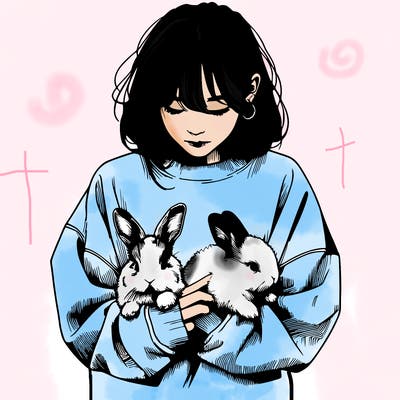 realistic girl with messy bunny baggy sweatshirt and holding bunnies