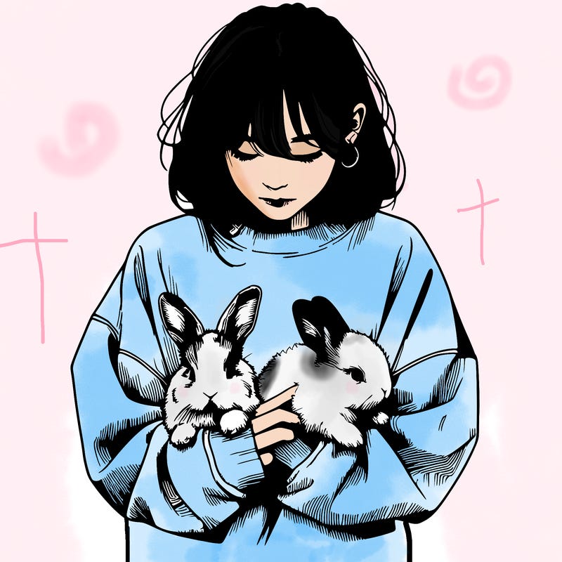 realistic girl with messy bunny baggy sweatshirt and holding bunnies