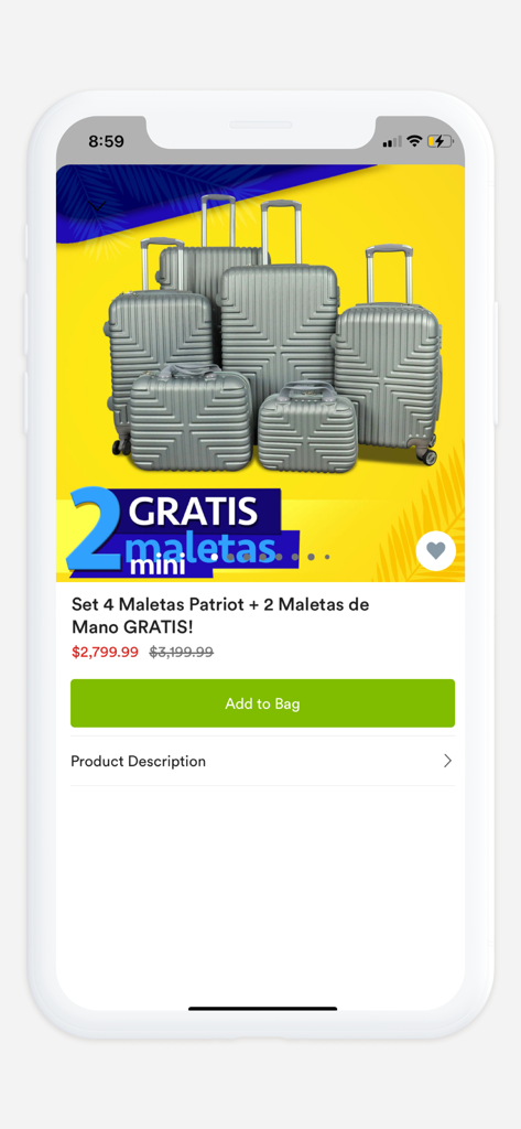 Waldo's Shop. - Waldo's Shop mobile app screen showing a discount on a 6-piece grey suitcase set with free carry-on bags.