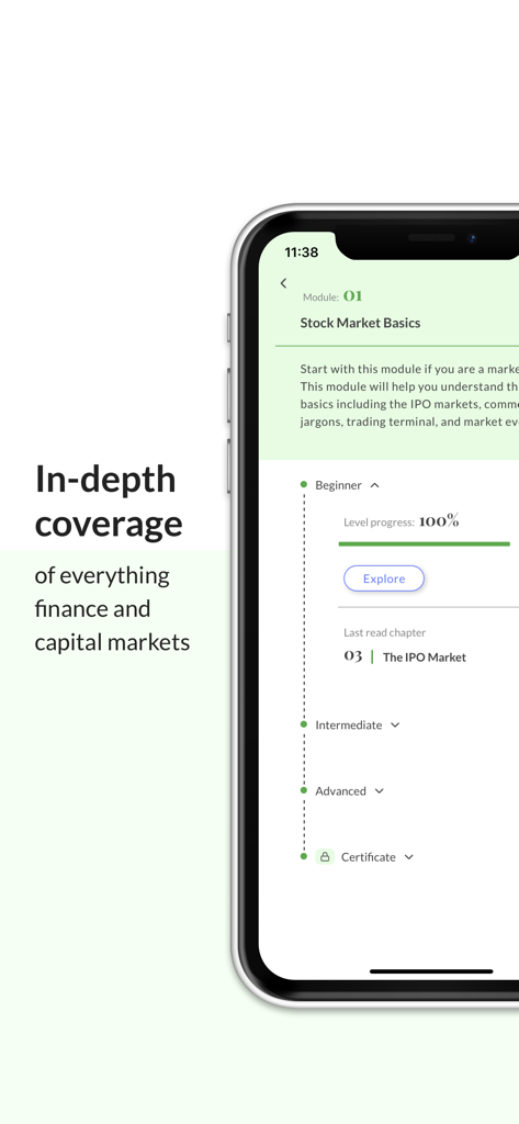 Varsity by Zerodha - iPhone showing the Varsity by Zerodha app interface with a module on Stock Market Basics including difficulty levels from beginner to advanced.