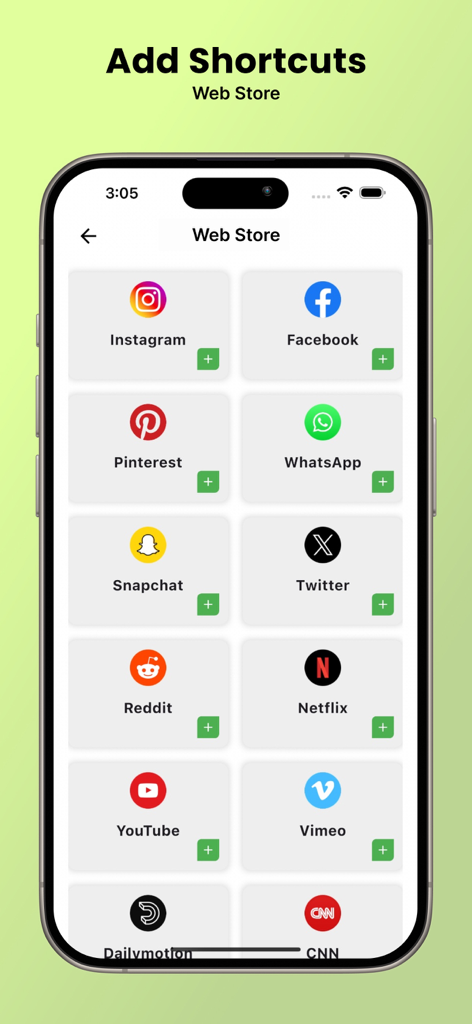 Interface du navigateur Savefrom montrant une liste d'icônes de réseaux sociaux à ajouter comme raccourcis.