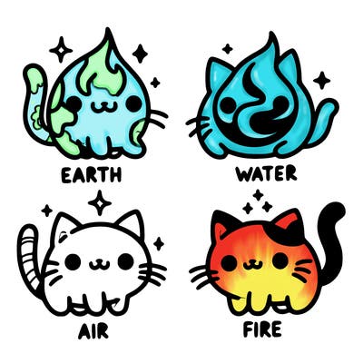 4 cats that represent the different elements, earth, water, air, and fire