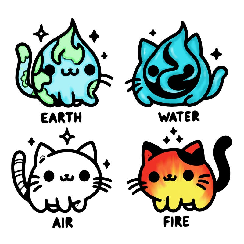 4 cats that represent the different elements, earth, water, air, and fire