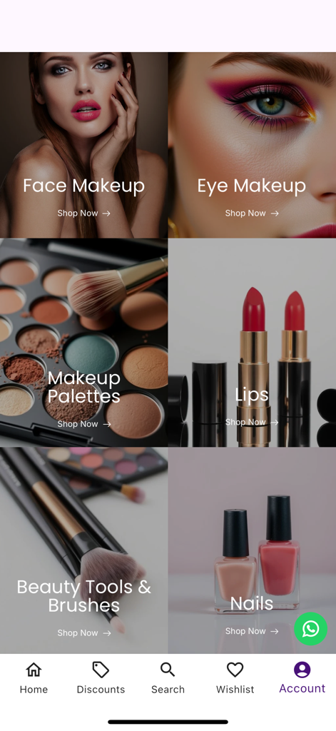 Nexus Care Beauty - Aplicación Nexus Care Beauty que muestra categorías de maquillaje como Rostro, Ojos, Labios y Uñas.