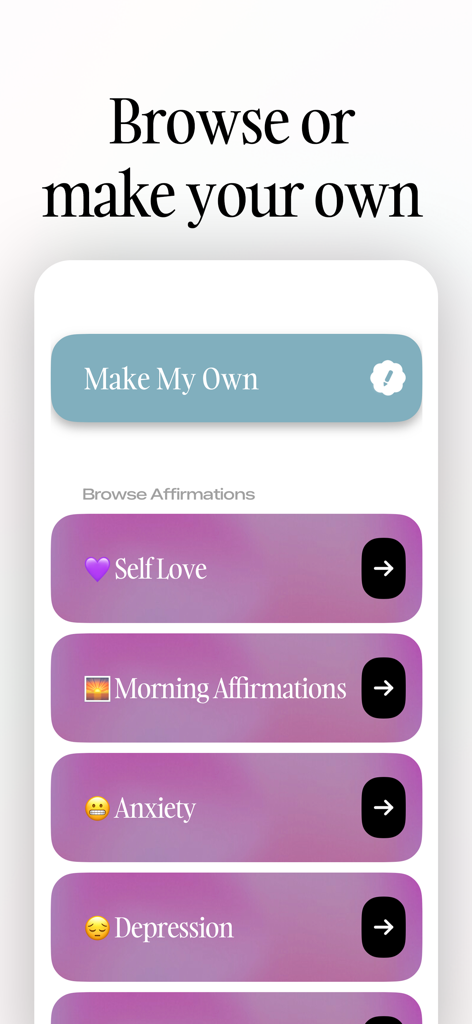 Dot - Daily Affirmation Widget - Un menú de categorías de afirmaciones en la aplicación Dot que incluye Amor Propio, Afirmaciones Matutinas y Ansiedad.