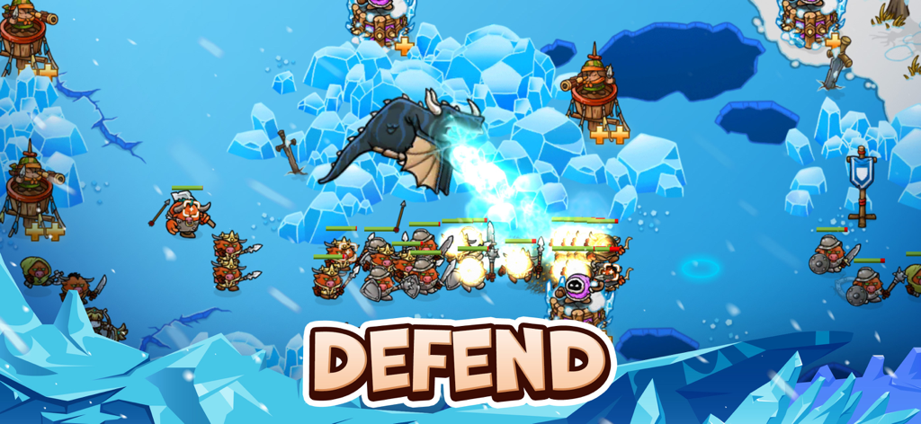 Crazy Defense Heroes: RPG TD - A strategic tower defense battle in an icy environment featuring a blue dragon and defensive towers