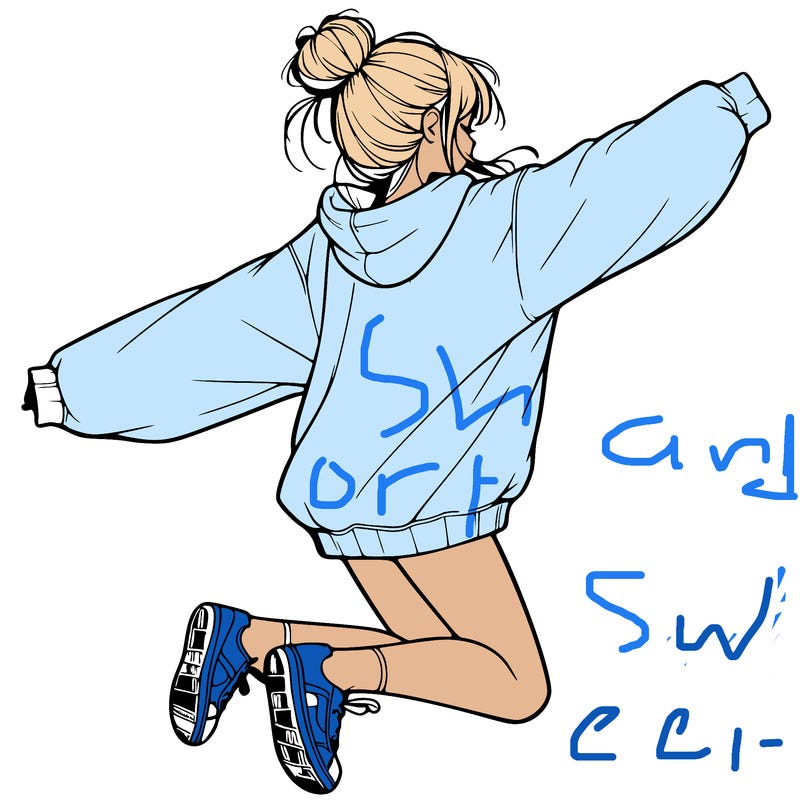 realistic girl jumping with a bun and oversized sweatshirt