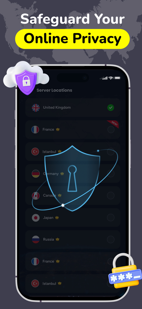 VPN - High Speed VPN, VBN, VP - iPhone screenshot of VPN Proxy Master app showing a list of global server locations for privacy protection