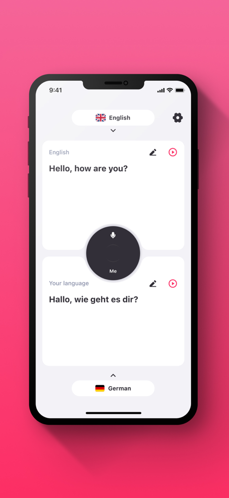 Translator Enence - Translator Enence app interface showing a real-time voice translation between English and German on a smartphone screen