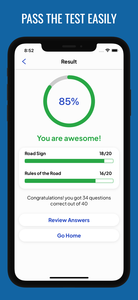 G1 Practice Test Ontario 2025 - G1 Practice Test Ontario app result screen showing an 85 percent score with breakdown for Road Signs and Rules of the Road