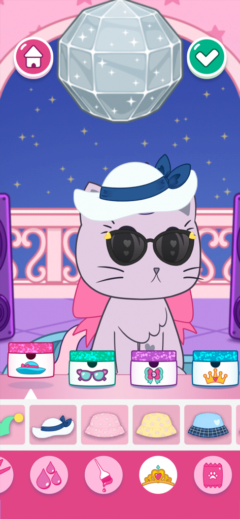 Love Diana Fashion Fabulous - A purple cartoon cat dressed in a white hat and sunglasses in the Love Diana Fashion Fabulous mobile game.