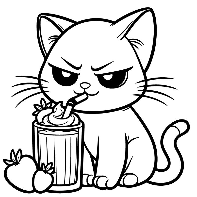 realistic mean kitty drinking a strawberry and mango smoothie
