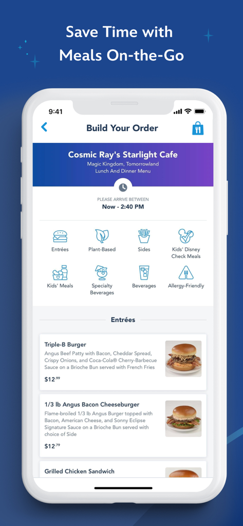 Tela de pedidos de comida por celular do aplicativo My Disney Experience mostrando itens do menu para o Cosmic Rays Starlight Cafe