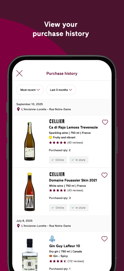 Société des alcools du Québec - SAQ mobile app interface showing a list of past wine and spirits purchases with product details and ratings