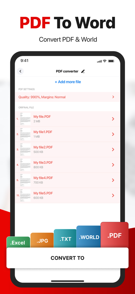 PDF Converter -Document Editor - Mobile app interface showing PDF to Word conversion with a list of documents and export options for Excel JPG and TXT formats