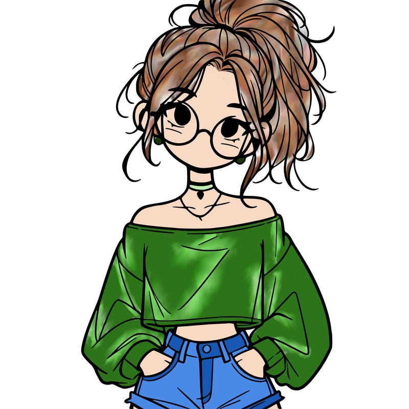 girl with a messy ponytail glasses a baggy crop top and jean shorts