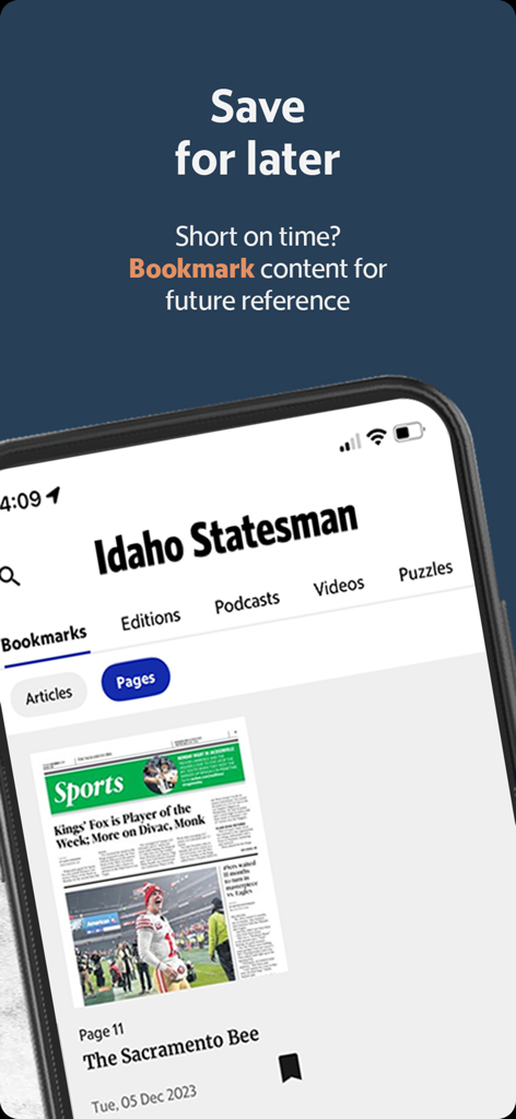 Idaho Statesman News - A screenshot of the Idaho Statesman News app showcasing the Save for Later bookmarking feature.