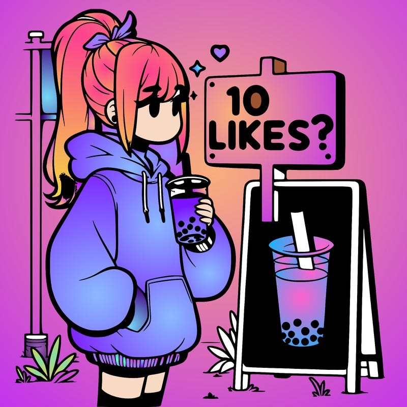 girl with oversized hoodie drinking boba and she has a high ponytail with a sign that says 10likes?