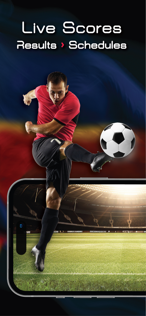 Soccer player kicking a ball with text for live scores results and schedules