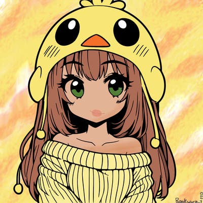 anime girl with chick shaped hat with sweater with bare shoulders with bangs covering them one eye with low tail
