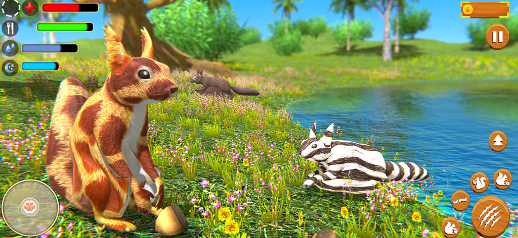 Virtual Squirrel Family Sim 3D - A brown squirrel standing in a flowery field near a pond with other squirrels in a 3D simulation game.