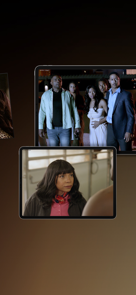 Scènes dramatiques de séries télévisées et de films Noirs affichées sur des écrans de tablette dans l'application ALLBLK.