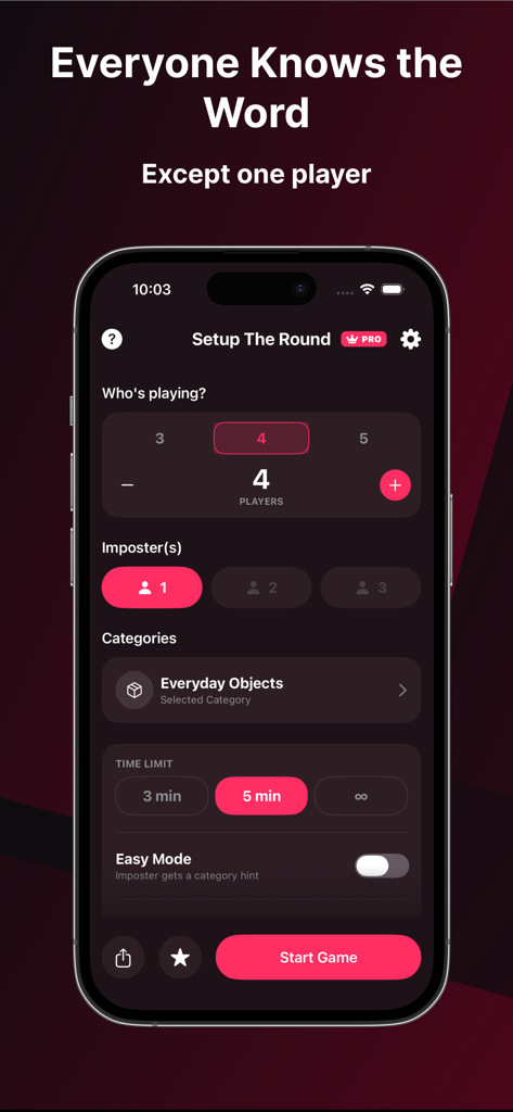 Tela de configuração de rodada do Imposter Word Party Game com opções para número de jogadores e categorias.