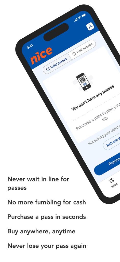 NICE gomobile - NICE gomobile app screen showing the digital wallet for bus passes with transit travel tips