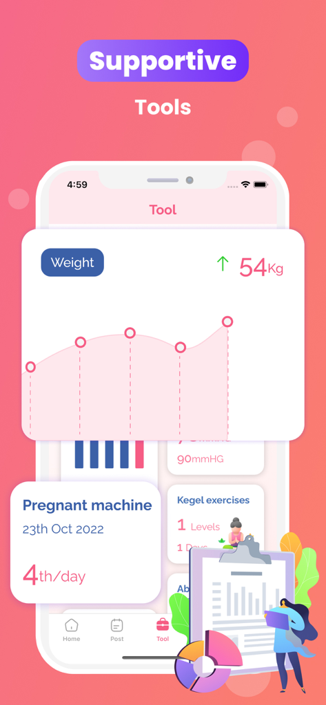 My Baby Heartbeat Monitor App - La aplicación Mi Monitor de Latidos del Bebé que muestra herramientas de seguimiento de la salud y un gráfico de peso