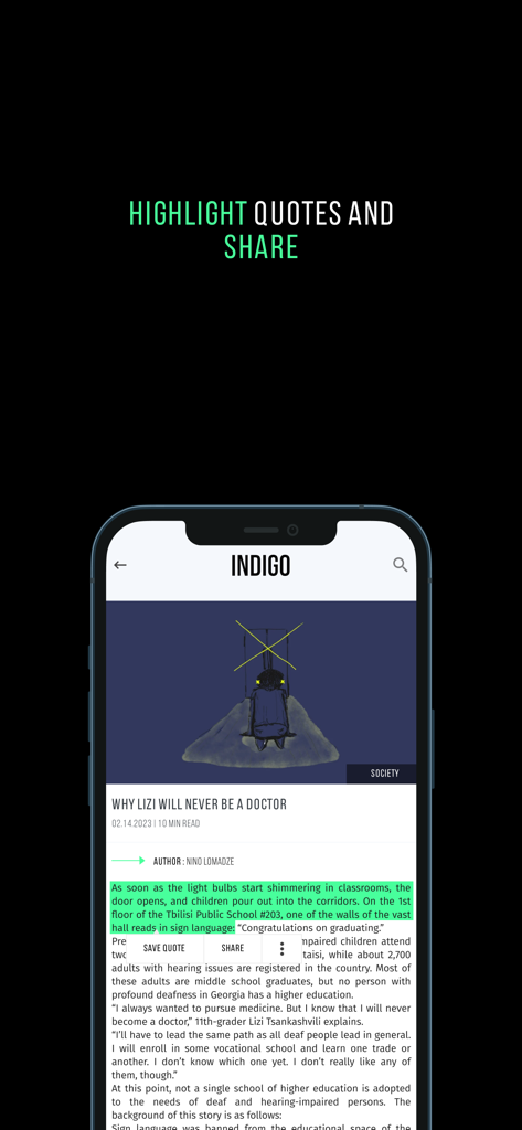 Indigo Magazine Georgia - Indigo Magazine app interface with highlighted text and sharing options