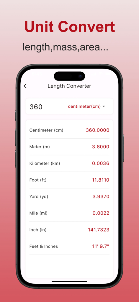 Calculator Box:All-in-one clac - A mobile interface from the Calculator Box app showing a length converter converting centimeters into meters, feet, and inches.