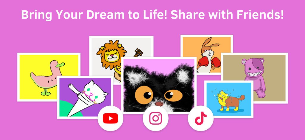 A collection of colorful hand-drawn character animations with social media icons for YouTube Instagram and TikTok