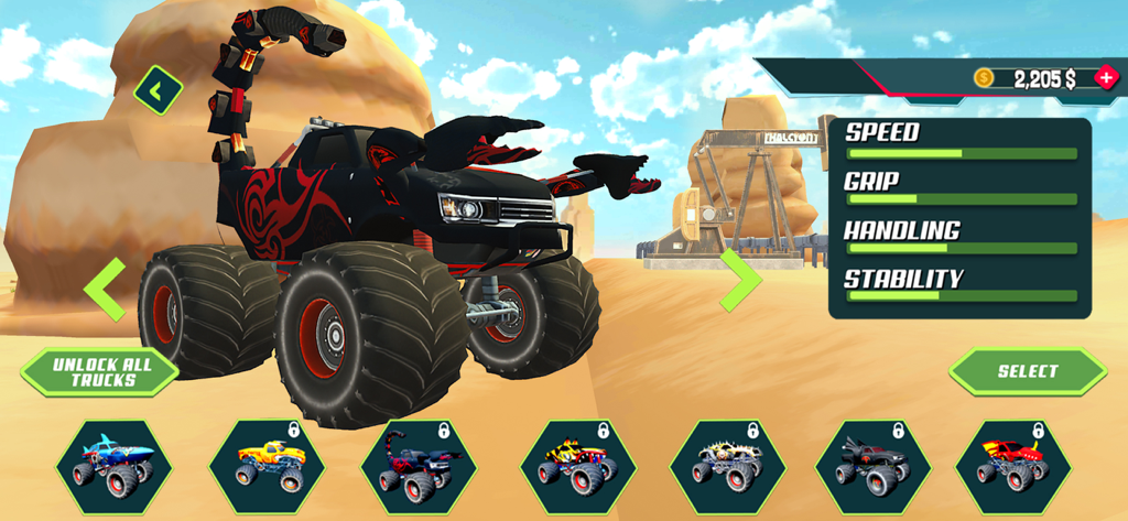 Xtreme Monster Truck Car Race - Monster truck selection menu showing a custom black scorpion truck with speed and handling stats in a desert environment.