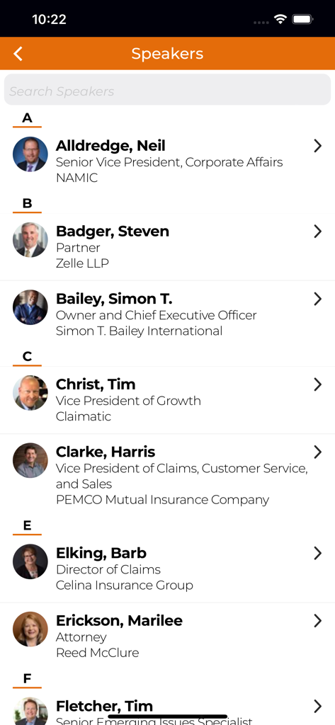 NAMIC Events - A list of professional speakers with names and titles in the NAMIC Events app