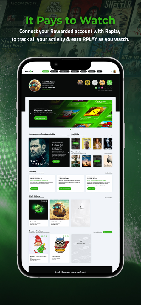 RewardedTV - It Pays to Watch! - A smartphone displaying the RewardedTV app dashboard with movie content and crypto rewards tracking